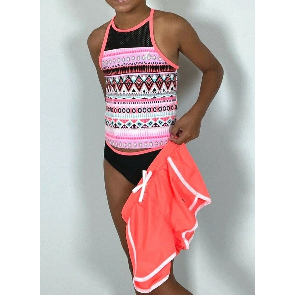 NEW Gerry Girls 3-pc Swimsuit Set Neon Orange Pink 14 Tankini Bikini Shorts‎